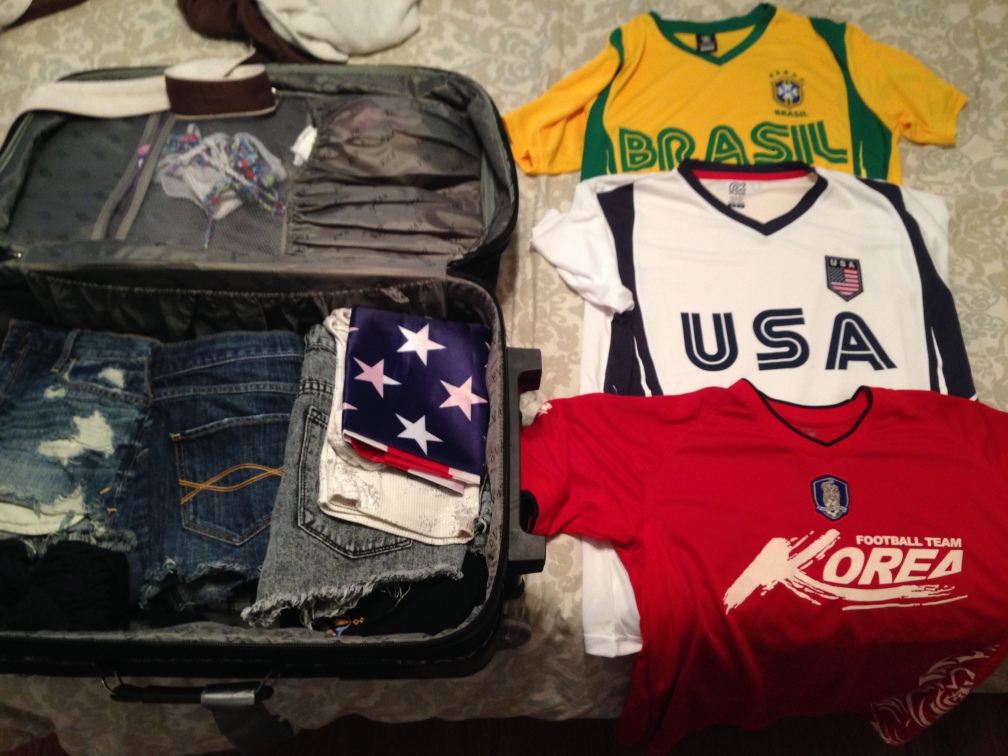 brasil, brazil, brazilian soccer jersey, USA, US soccer jersey, South Korea, Korean soccer jersey, luggage, american flag, packing 